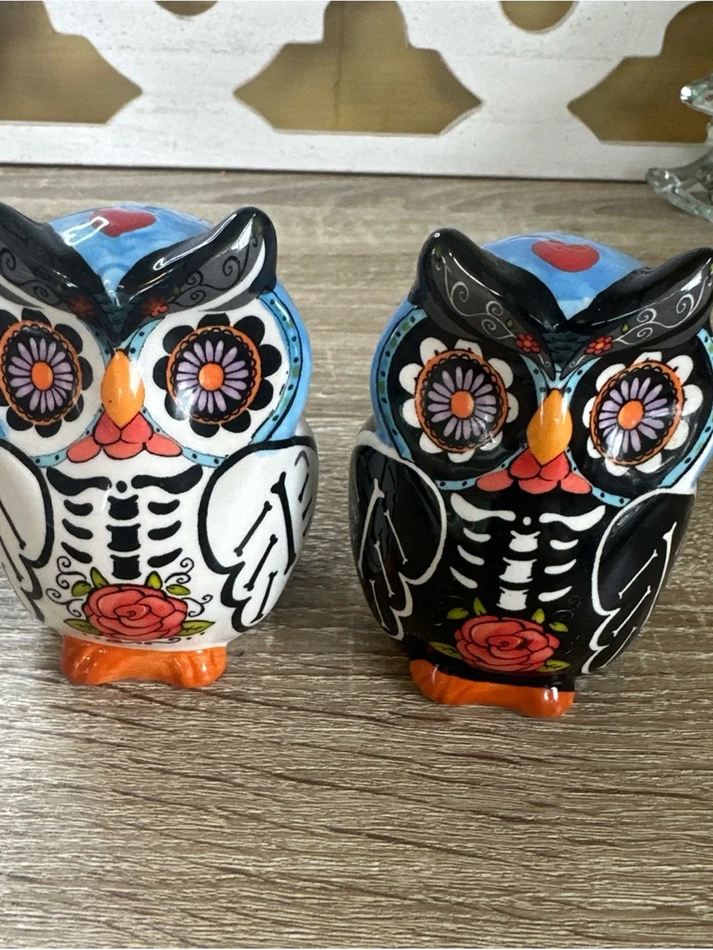 Source Unknown Day of the Dead Owl Salt and Pepper Shakers - Blue, Black, Orange